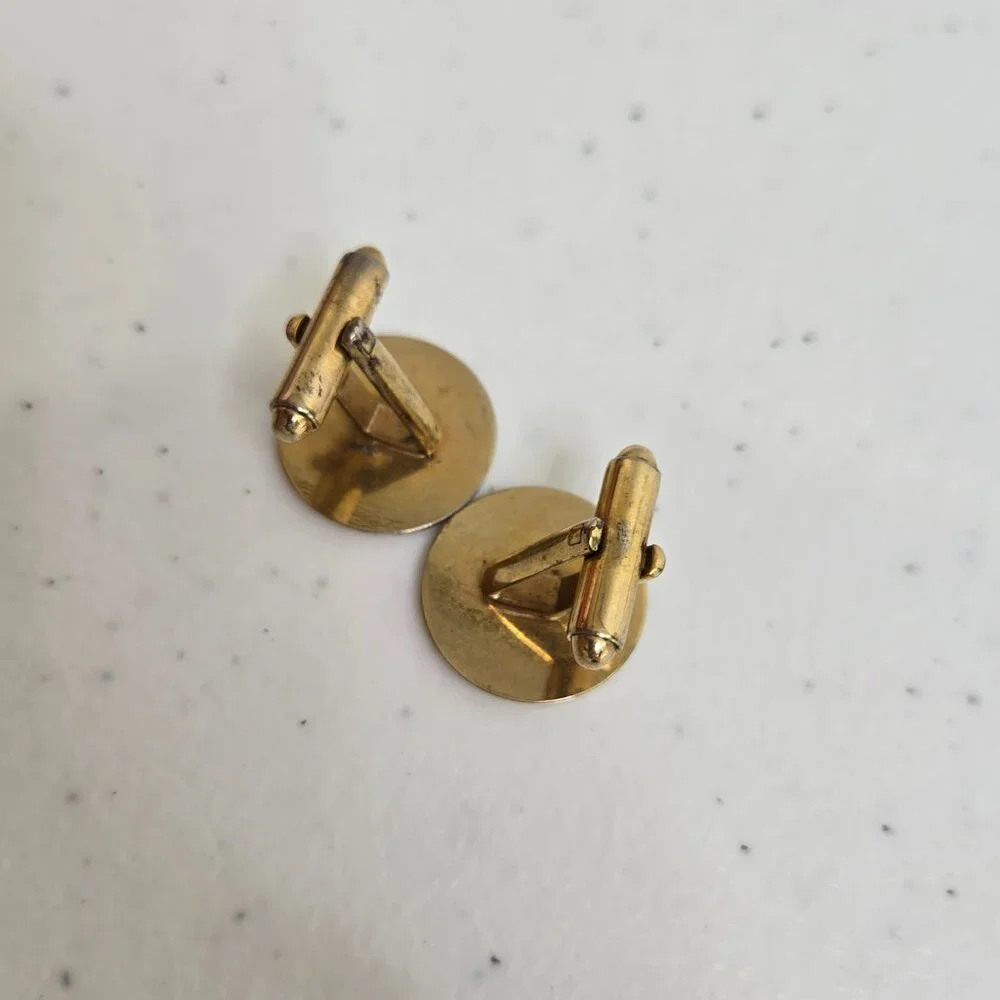 Cufflinks Gold Tone Vintage MCM Geometric Circle Stripe Art Deco Style